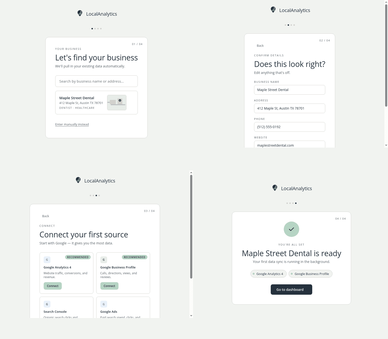 Connect your marketing channels — Google Business Profile, Google Ads, Meta Ads, Search Console, and more — in one setup step